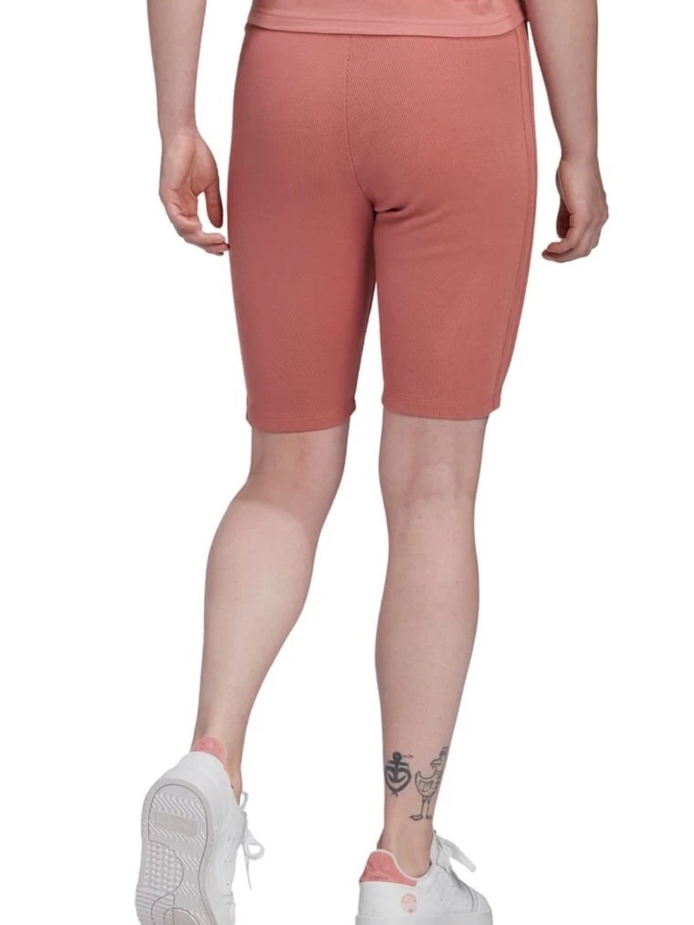 Adidas High Waist 3-Stripe Sporty Athletic Ribbed Bike Shorts in Dusty Rose- S - Picture 2 of 9